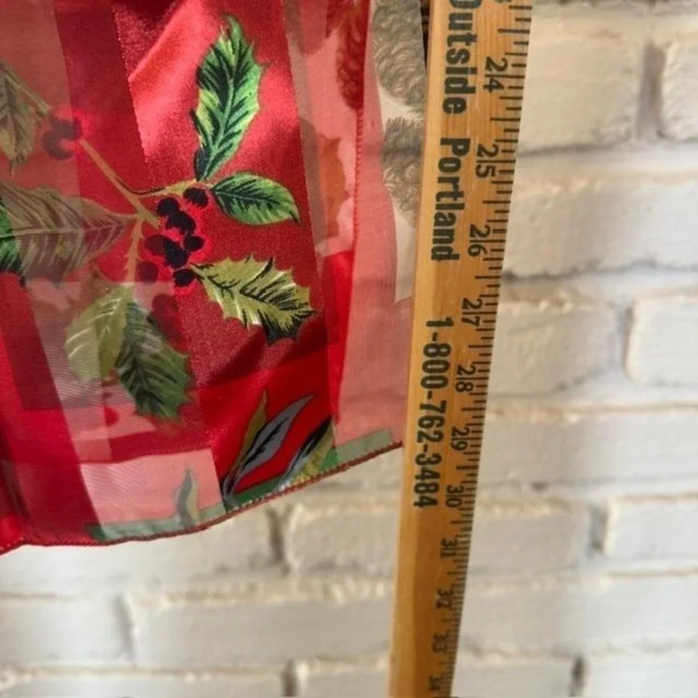 Vintage Christmas Holly Pinecone‎ Red Checkered Sheer Stripe Polyester Scarf